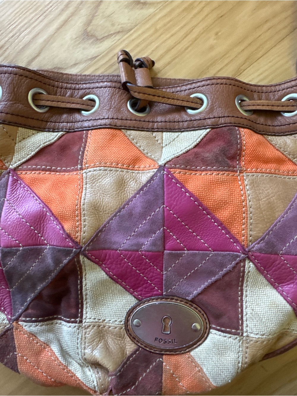 Fossil Patchwork Leather Canvas Shoulder Bag Boho Purse - Picture 3 of 13